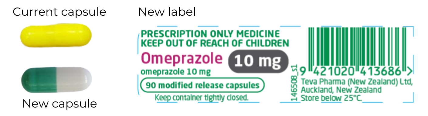 Current 10 mg capsule is yellow, the new one is green and white. The label has "10 mg" in a prominent grey lozenge. . 