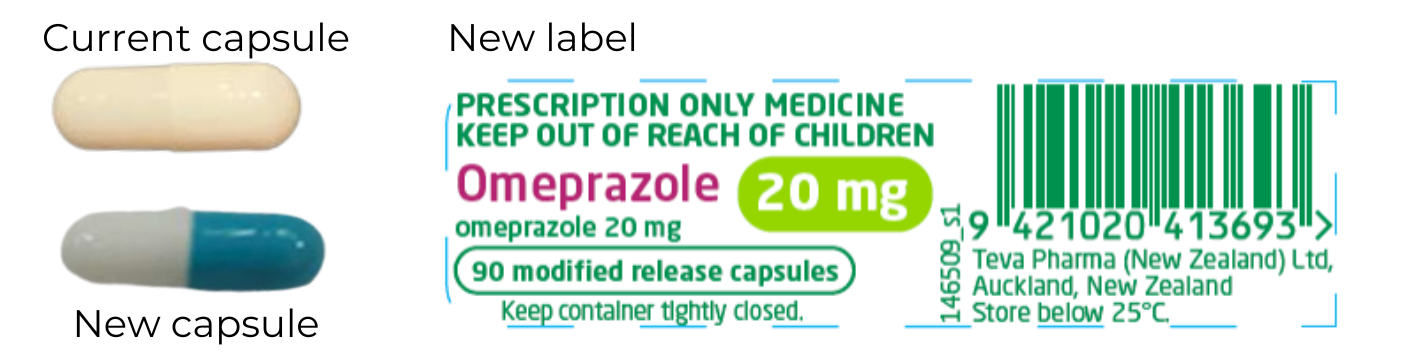 Current 20 mg capsule is while, the new one is blue and white. The label has "20 mg" in a prominent green lozenge. . 