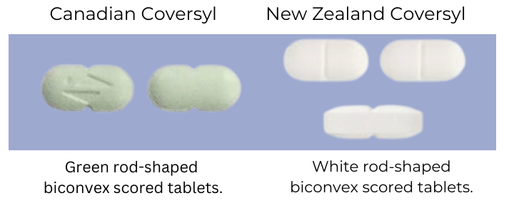Canadian tablets are green with 2 triangles etched on one side. The New Zealand tablets are white, and the only etching is the score mark.. 