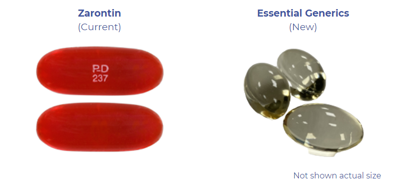 Contains 2 pictures of capsules. Zarontin brand capsules are opaque red with P-D 237 printed on them. Essentials brand capsules are rounder and clear with no colour. 