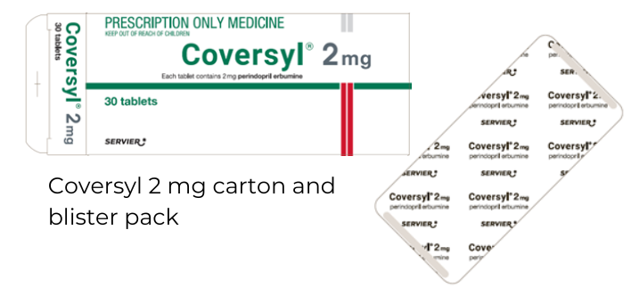2 mg Coversyl carton is mostly white with 2 red stripes, 2 mg appears in large grey letters. The blister pack also gives the strength. 