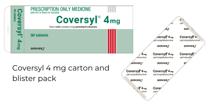 Half the 4 mg Coversyl carton is light green with 4 red stripes, 4 mg appears in large green letters. The blister pack also gives the strength. 