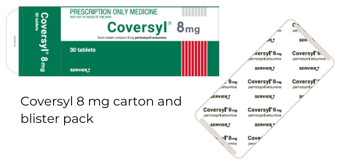 Half the 8 mg Coversyl carton is dark green with 8 red stripes, 8 mg appears in large grey letters. The blister pack also gives the strength. 