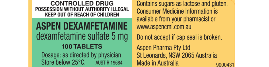 The label for the Aspen product. The details of the product, name and dose, are in a green box. More consumer information is in a yellow box. In a white box it says this is a controlled drug.. 