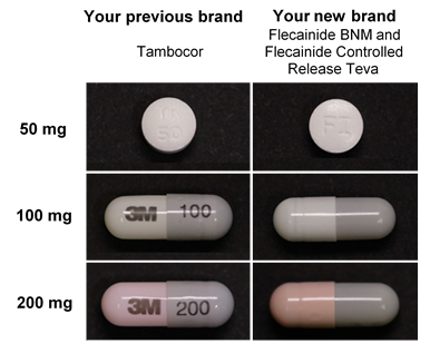 The BNM tablet is the same size and shape as the tambocor. It has FI stamped on it. the Teva 100 mg & 200 mg capsules are a similar colour as the Tambocor, but don't have the writing on them..