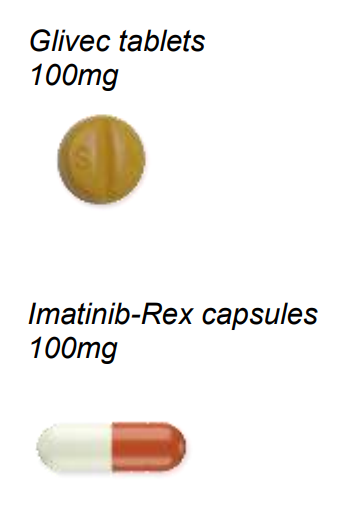 Glivec is a dark-tan coloured tablet with a score mark. The Rex-Imatinib is a red and white capsule.. 