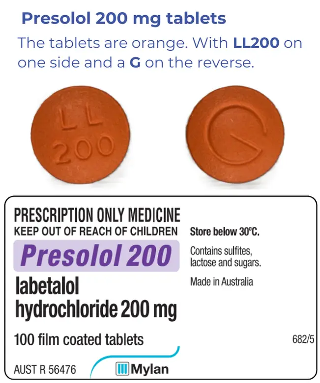 Presolol 200 mg tablets are orange with LL200 on one side and G on the reverse..