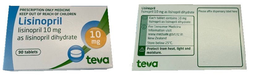 Front and reverse of the box for lisinopril 10 mg. The Front has green swooshes and the strength is in a yellow circle. The reverse of the box has warning messages and space for the Pharmacy's dispensing sticker.. 
