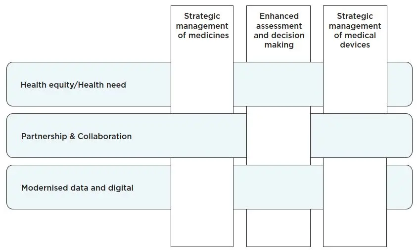 A diagram showing blocks woven together, each block has a name. Pharmac's priorities are on each warp, and the health sector priorities of health equity/health need, partnership and collaboration, and modernised data and digital form the weft. .