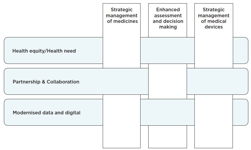 A diagram showing blocks woven together, each block has a name. Pharmac's priorities are on each warp, and the health sector priorities of health equity/health need, partnership and collaboration, and modernised data and digital form the weft. . 