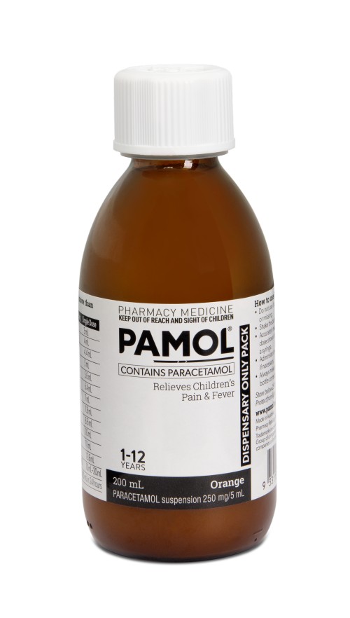 New Pamol Bottle. The label is in black and white, and has PAMOL in large block letters on the front. It is a different from the Pamol you can buy.. 