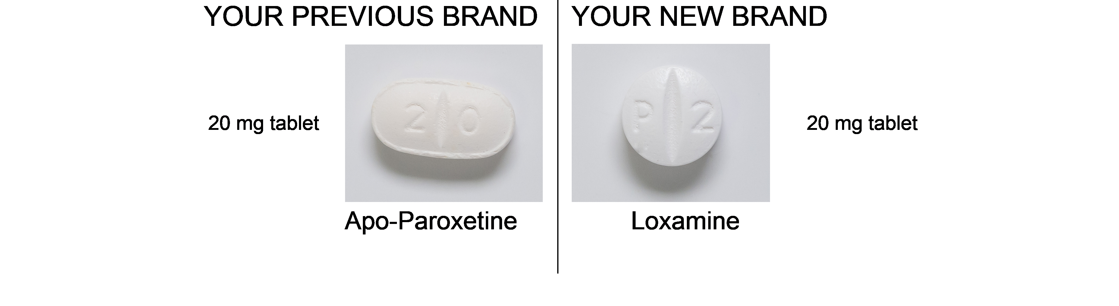 Image shows that Apo-Paroxetine tablets are ovoid and the Loxamine is round.
