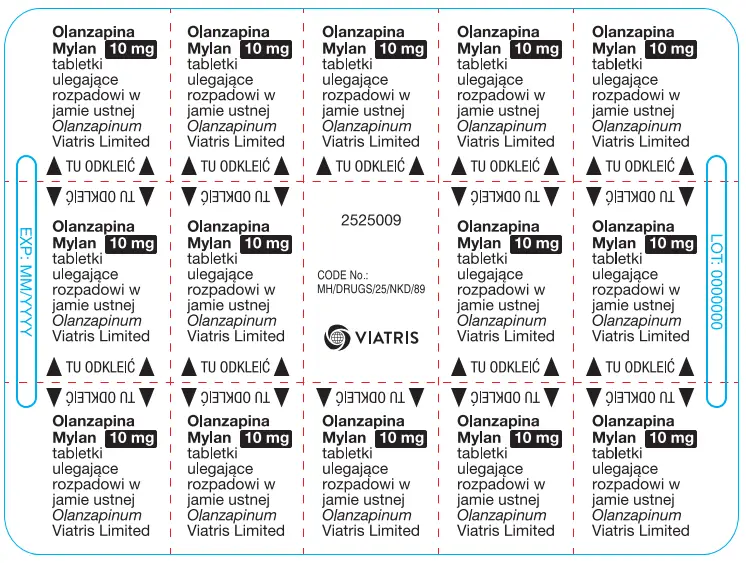 Blister pack label design, the Viatris branding is in the middle. Over each tablet are the brand "Olanzapina Mylan" and 10 mg, and other Polish words..