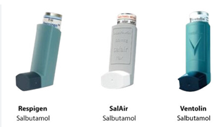 Respigen is a plain blue inhaler. SalAir is grey with some embossed writing on the front and the ventolin inhaler is blue with an embossed V on it.. 