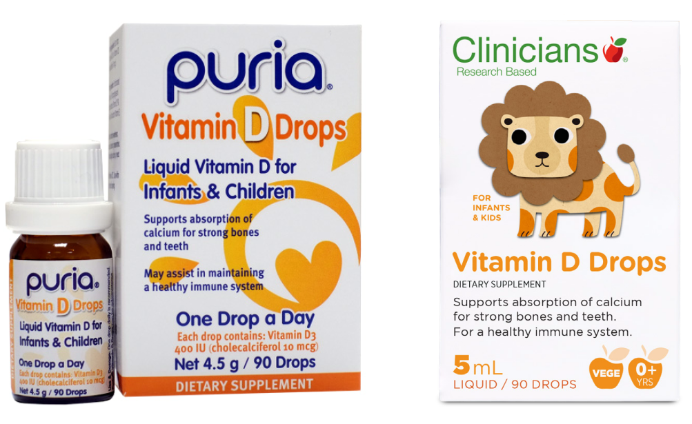On the left is a small bottle and box branded, Puria. The Puria is printed in dark blue lettering, there is a stylised yellow sun in the background on the packaging. On the right is the box for the new brand. "Clinicians" is printed in green letter. 