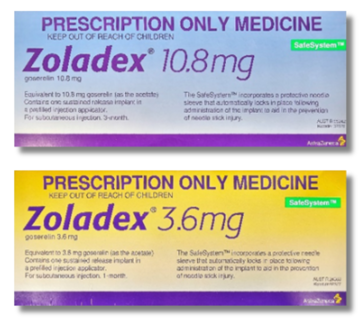 Zoladex packaging. The 10.8 mg box is blue with purple writing. The 3.6 mg box is yellow with purple writing.. 