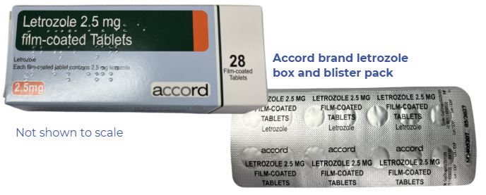 Letrozole box is light blue. The words, Letrozole 2.5mg film-coated capsules, appear in a black box. The blister pack has the accord brand name.. 