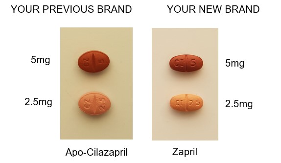 The Zapril brand tablets are smaller and more oval than the Apo-Cilazapril ones. They all have a score mark.. 