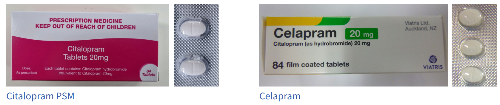 Side by side comparison of both brands of citalopram. The PSM citalopram box is mostly hot pink. The tablets are oval with a score mark. Celapram box is mostly white with some green and yellow highlights. The tablets are rounder than PSM but still slightl. 