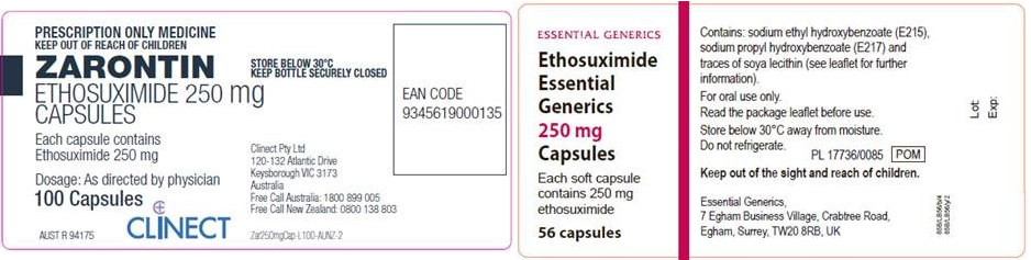 Zarontin box has Zarontin in bold capital letters and the Clinect logo. The Essential Generics packaging has a thick dark pink line bisecting the label. The dose (250 mg) and brand name appear in the same pink. Information about non-active ingredients als. 