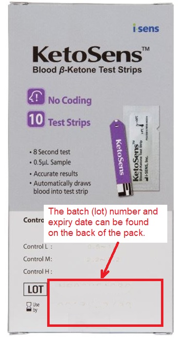 Back of a packet of ketosens test strips. A red box is around the lower quarter of the box shows where the lot/batch number and expiry date are.. 