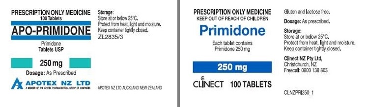 primidone and apo-primidone box labels shown side by side. Changes to colour, brand name and supplier name are evident.. 