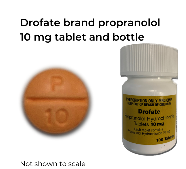 reddish pill with a score line and p 10 inscribed. Bottle has a goldish label with "Drofate" in large friendly letters.. 