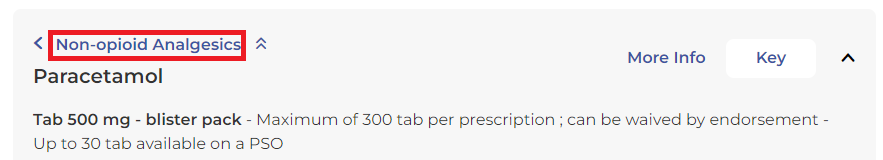 Screenshot of the paracetamol listing. There's a red box around the therapeutic group link, the double chevron comes after the link.. 