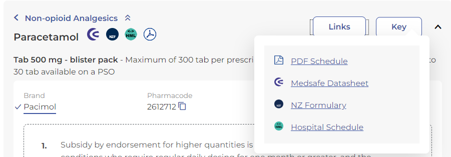 Paracetamol listing. The "links" button has been activated and the menu dropped down. There are also icons next to the "paracetamol" title that match the drop down.  . 
